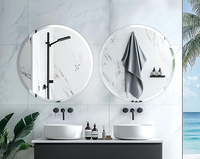 Frameless Round Wall Mirror: Decorative Mirrored Glass Vanity with Beveled Silver Edge for Bathroom Bedroom Livingroom Dining Room Entryway Hallway, 24 x 24 inch