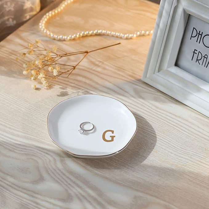 Initials Ring Dish Jewery Tray with Personalized G-Monogrammed Gifts Wedding Engagement for Women Friends sister,Ceramic White