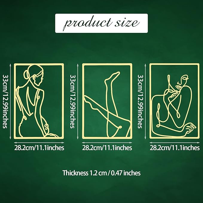 CHENGU 3 Pieces Gold Wall Decor Minimalist Wall Art Metal Line Wall Art Wall Decor for Bedroom Single Line Female for Kitchen Bathroom Living Room(Vivid Style)