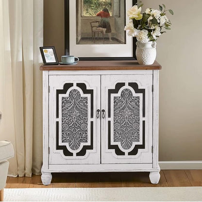 MAISON ARTS Accent Cabinet with 2 Doors, Farmhouse Decorative Storage Cabinet with Solid Wood Frame & Legs for Living Room Entryway Small Sideboard Buffet Cabinet, Metal Embossing Pattern