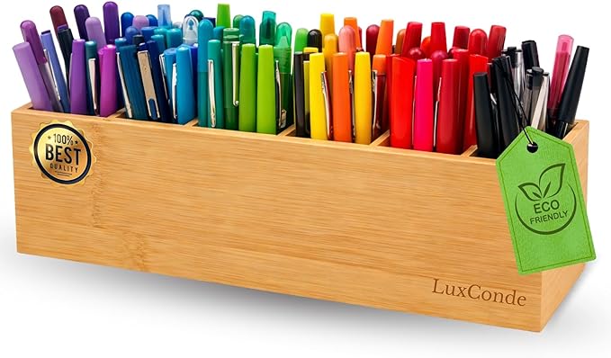 Bamboo Pencil Holder 13.3 X 3.1 X 3.8 In with 6 Adjustable Compartments. Desk Pencil Holder - Pen Holders for Desk, Desktop Pen Organizer - Pens Organizer, Organizador de Lapices