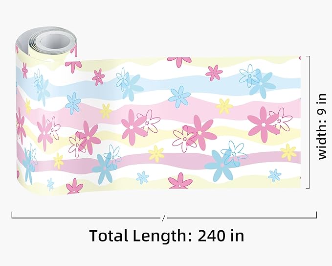 FLFK Wallpaper Border, Rainbow Flowers Peel and Stick Wall Border Self Adhesive Wall Paper Borders for Bedroom Living Room Girl's Room Kitchen Bathroom 9"x240"