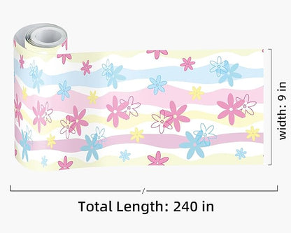 FLFK Wallpaper Border, Rainbow Flowers Peel and Stick Wall Border Self Adhesive Wall Paper Borders for Bedroom Living Room Girl's Room Kitchen Bathroom 9"x240"
