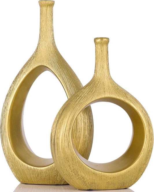 Brushed Gold Ceramic Vase Set 2,Modern Hollow Circle with Hole Flower Vase for Home Decor,for Table Centerpieces,Farmhouse,Fire Place,Living Room,Bedroom,Office,Bookshelf,Rustic Decor