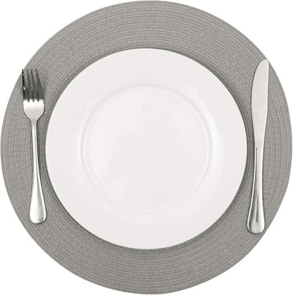 SHACOS Round Braided Placemats Set of 8 Washable Fabric Heat Resistant 15 inch Grey Round Table Mats for Dining Tables (Gray, 8)
