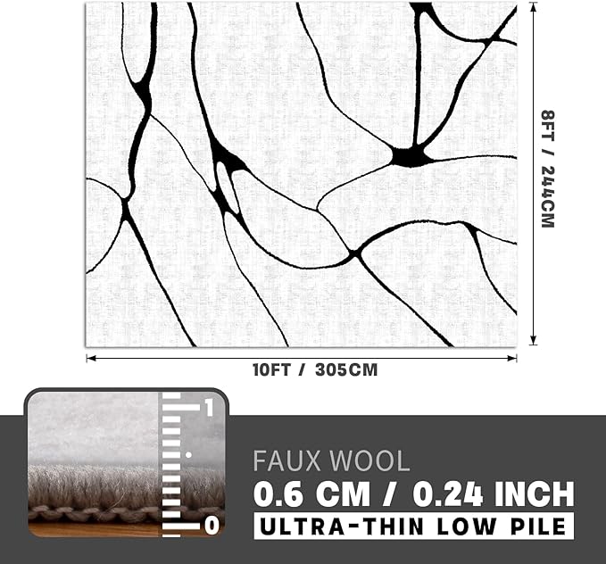YIHOUSE Modern Washable 8'x10' Area Rug for Living Room Bedroom - Large Abstract Black and White Rug Non-Slip Ultra-Thin Home Decor,Warping,8x10ft