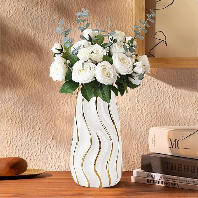 White Ceramic Vase for Home Decor,Decorative Flower Vase, Vertical Stripe Ceramic Vases for Home Décor, Bedroom, Office, Living Room, Bathroom, Tabletop Decor, Centerpiece (White)