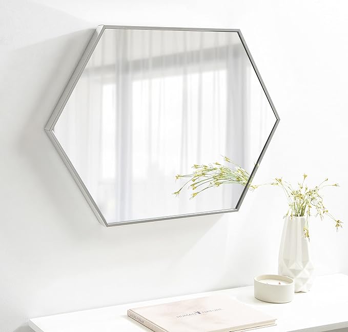 Kate and Laurel Rhodes Modern Hexagon Wall Mirror, Silver Chrome, 31x22-Inches