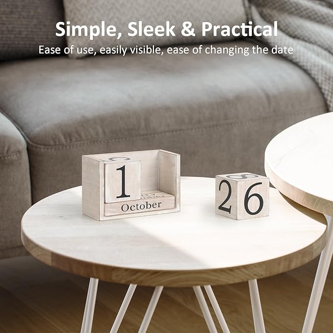 Wooden Block Calendar for Desk, Large Size Daily Desktop Perpetual Desk Calendar, Cute Date Display Desk Accessories for Home Office Decor, Teacher, Classroom, Reusable Yearly, Grey Beige