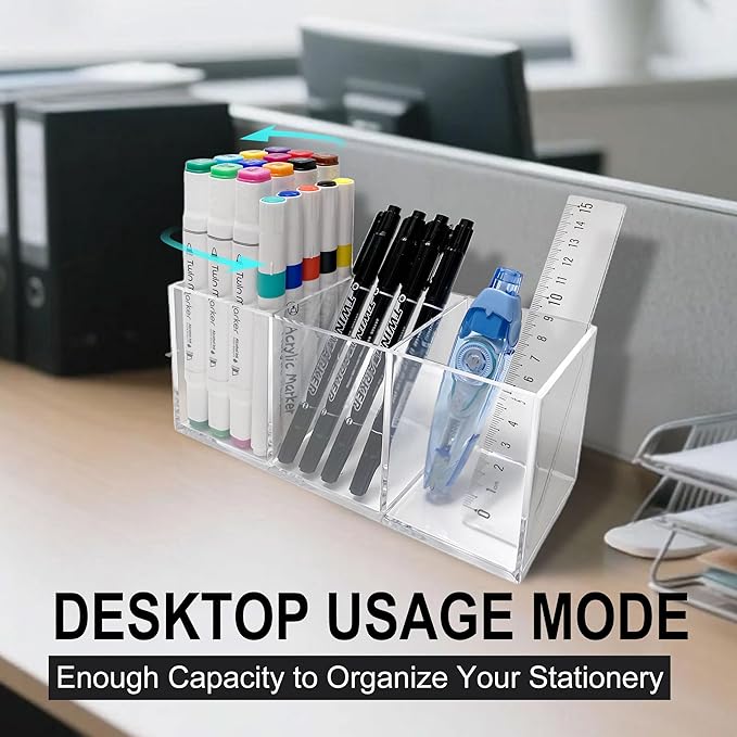 Acrylic Pen and Silverware Holder, Desk Or Wall Mount Storage Organizer,is Perfect for Office, Stationery, Kitchen and Bathroom Caddy,Desk Pencil Accessories.(Clear)
