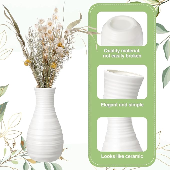 10 Pack Composite Plastic Flower Vases Bulk White Small Tall Conic Floral Vases for Centerpieces Unbreakable Bud Vase for Wedding Party Living Room Decor (Simple)