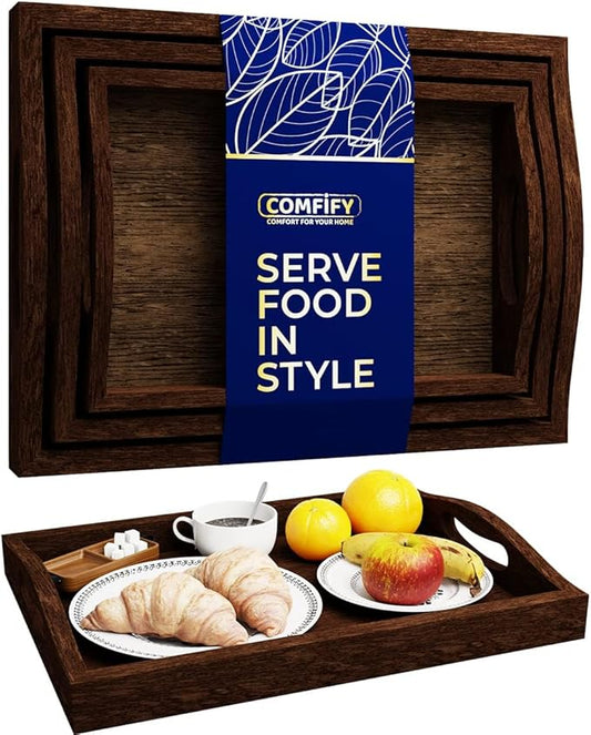 Comfify Serving Trays Set of 3 - Ottoman Wood Trays for Entertainment, Food and Decor - Rustic Farmhouse Distressed Wood Finish - Brown