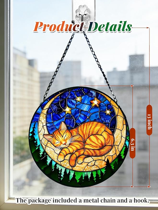 Stained Glass Window Hanging, Orange Sleeping Cat Suncatcher for Door Home Decor Moon Starry Night Sun Catcher Ornament Mother's Day Birthday Gifts for Women Men Mom 6.3 in
