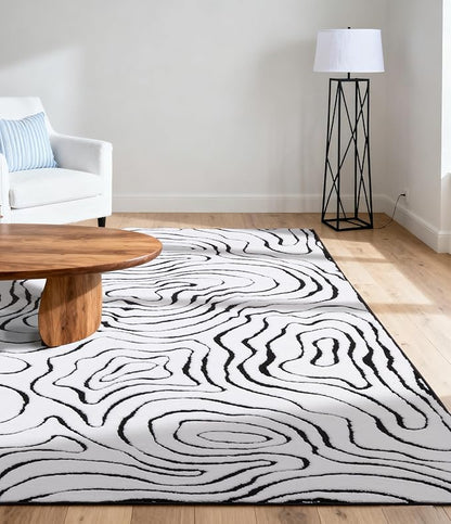 YIHOUSE Modern Rugs for Living Room 6x9, Washable Black and White Bedroom Rug, Fluffy Geometric Dining Room Rugs for Under Table Home Decor