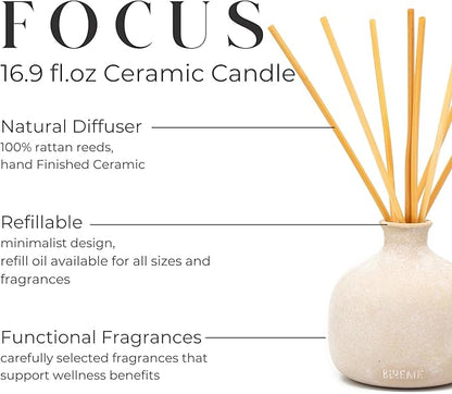 BLUEME Focus-Eucalyptus & Lime, 16.91 Fl Oz Wellness Diffuser, Contains Essential Oil, Sustainable, Hand Finished, Premium, Luxury Ceramic, Natural Rattan Reeds