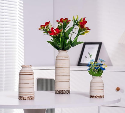 Beige Ceramic Vase Set of 3, Farmhouse Decorative Vase for Pampas Grass, Living Room, Bathroom, Bookshelf, Centerpieces Beige