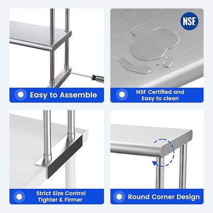 Hally Double Overshelf of Stainless Steel 12'' x 48'' Weight Capacity 380lb, Commercial 2 Tier Shelf for Prep & Work Table in Restaurant, Home and Kitchen