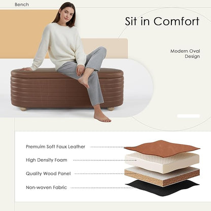 53" Storage Bench PU Leather Ottoman Bench Upholstered Bench End of Bed Stool with Safety Hinge for Bedroom, Living Room, Entryway, Brown
