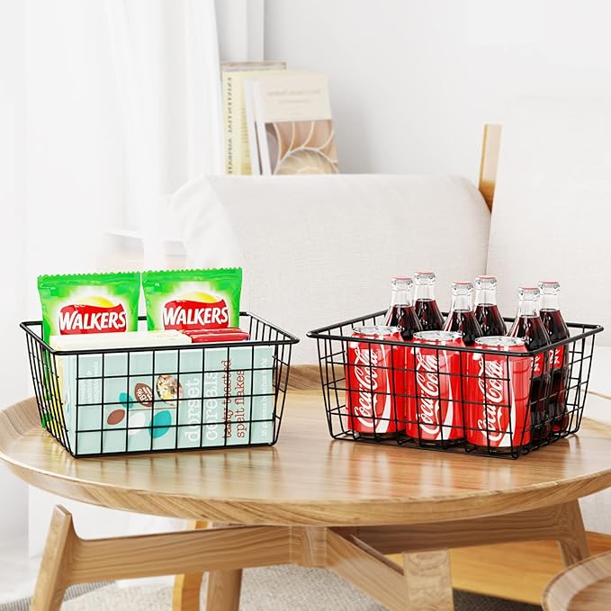 iSPECLE Wire Baskets, 6 Pack Small Pantry Organizers Wire Storage Baskets with Handles, Sorting Storage Easy Access Durable Wire Basket for Pantry, Black