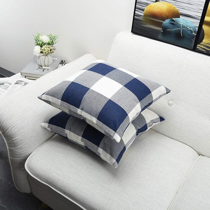 Artaimee Dark Blue & White Buffalo Check Plaid Throw Pillow Covers – 18 x 18 Inches, Pack of 2 – Soft Cotton Linen Cushion Case for Sofa, Couch, Bed, and Home Décor