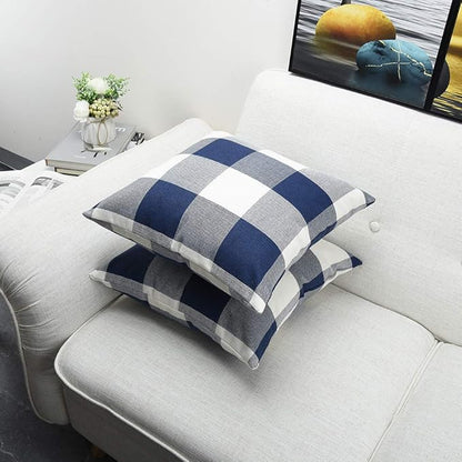 Artaimee Dark Blue & White Buffalo Check Plaid Throw Pillow Covers – 18 x 18 Inches, Pack of 2 – Soft Cotton Linen Cushion Case for Sofa, Couch, Bed, and Home Décor