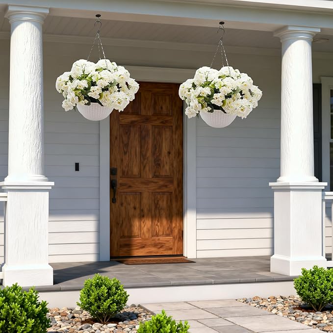 Hanging Planters with Plant Hangers for Indoor Outdoor Decor 2 Pack Artificial White Geranium 26CM Half-Round White Plastic Hanging Baskets with Durable Iron