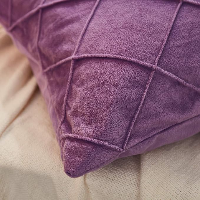 JAUXIO Diamond Pinch Pleated Crystal Velvet Pillowcases 2 Pack Solid Pintuck Throw Cushion Cover for Home Decor Hidden Zipper Closure (Purple, Standard)