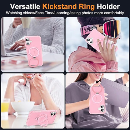 Compatible with iPhone 16 Plus Case with Invisible Magnetic O-Ring Stand Military-Grade Translucent Case for iPhone 16 Plus 6.7" [Compatible with Mag-Safe][Great Grip Feeling], Pink