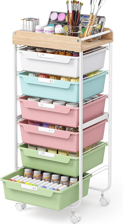 Rolling Storage Utility Cart With 6 Drawers,Art Supply Craft Organizer,Sewing Makeup Organizer And Storage,Office Organization Wooden Tabletop,Colorful