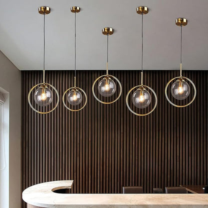 Pendant Light Modern Minimalist Hanging Lamp with Spherical Glass Shade and Brass Metal Ring Adjustable Height for Dining Room Bedroom Living Room (Clear)