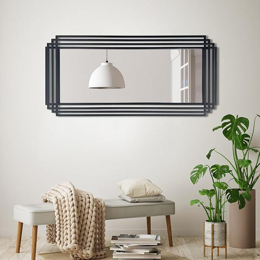 Black Rectangle Mirror, 47"x22" Art Deco Wall Mirrors with Geometric Metal Frame, Modern Elegant Mirror for Living Room Bathroom Bedroom Entryway Hallway, Hangs Vertically or Horizontally