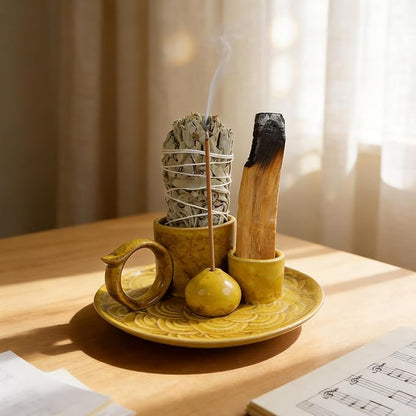 4-Inch 5-in-1 Yellow Ceramic Incense Holder | Multi-Use Smudge Tray for Palo Santo, Sage, Incense Sticks & Cones | Ideal for Candles & Meditation | Zen Altar for Yoga & Aromatherapy