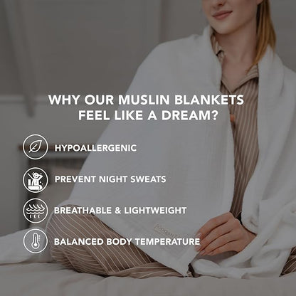 Goqan Muslin Blanket King Size 90x108 – 100% Turkish Cotton 4 Layer Boho Muslin Blanket for Adults, Four Season, Lightweight and Thin, Soft, Breathable for Bed, Couch - White