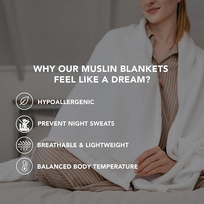 Goqan Muslin Blanket Twin 55x79 – 100% Turkish Cotton 4 Layer Boho Muslin Blanket for Adults, Four Season, Lightweight and Thin, Soft, Breathable, for Bed, Couch - White