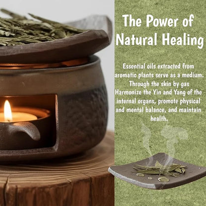 Ceramic Aromatherapy Stove Essential Oil Burner, Cedar and Zen Inspired Smudge Pot Oil Burner for Home Fragrance, Handmade Wax Melt Warmer, Meditation & Relaxation Décor, (1)