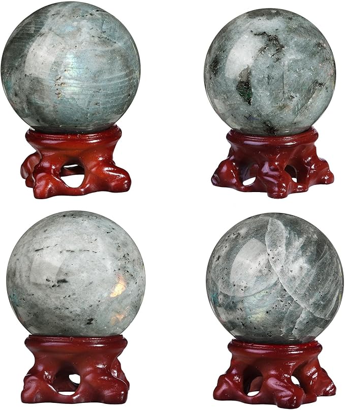 moonsix Natural Labradorite Crystal Sphere with Resin Stand Healing Energy Stone Decorative Ball Sculpture for Home Office Tabletop, 51-60 mm