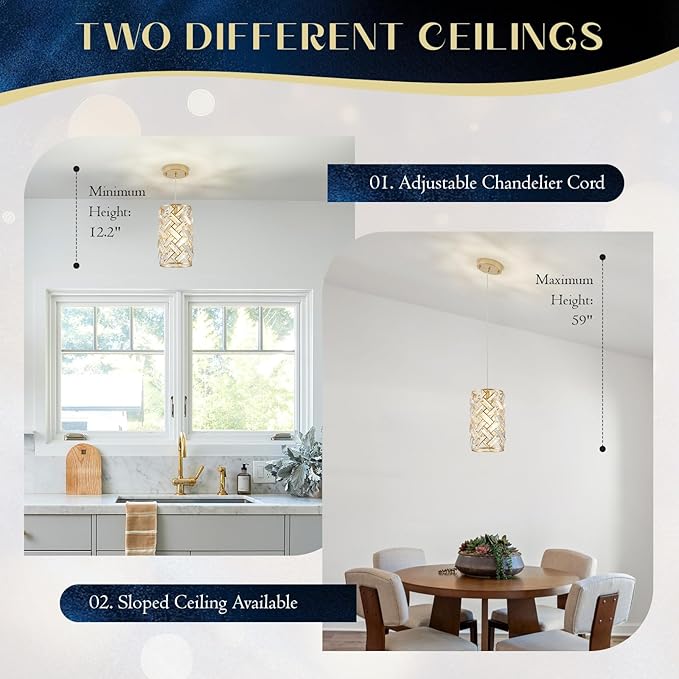 Modern Gold Crystal Pendant Light Fixture – Mini Hanging Chandelier with K9 Prisms for Kitchen Island, Bedroom, Bathroom, Dining Room, or Bar (1-Light)