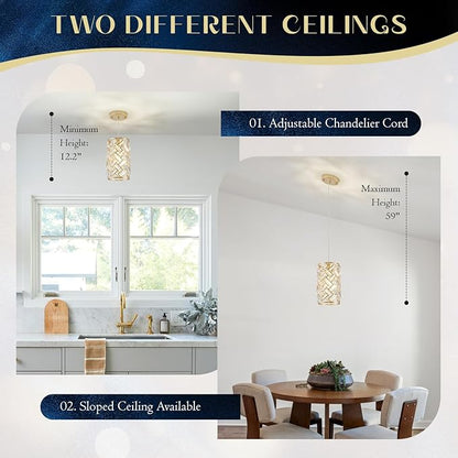 Modern Gold Crystal Pendant Light Fixture – Mini Hanging Chandelier with K9 Prisms for Kitchen Island, Bedroom, Bathroom, Dining Room, or Bar (1-Light)