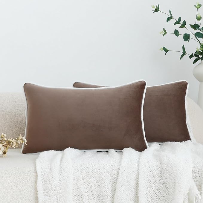 LIGICKY Set of 2 Light Brown Velvet Lumbar Pillow Covers Modern Minimalist Style Solid Decorative White Rope Edging Soft Rectangle Cushion Cases for Sofa Bedroom Party Décor, 12 x 20 inch
