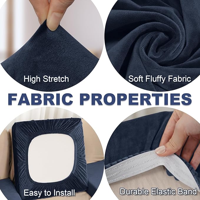 Sectional Couch Covers for 3-Piece Seat Cushion Velvet Separate L Shape Couch Cover Stretch Sofa Slipcover with 2 Pieces Pillowcases Furniture Protector (Sofa 2 Seater + 1 Chaise, Navy)