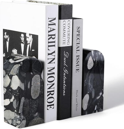 Koville Luxury Marble Bookends for Shelves, Decorative Stone Book Ends, 7lbs Heavy-Duty Marble Book Holders, Bookshelf Apartment Decor for Normal Books/CD/Video Games