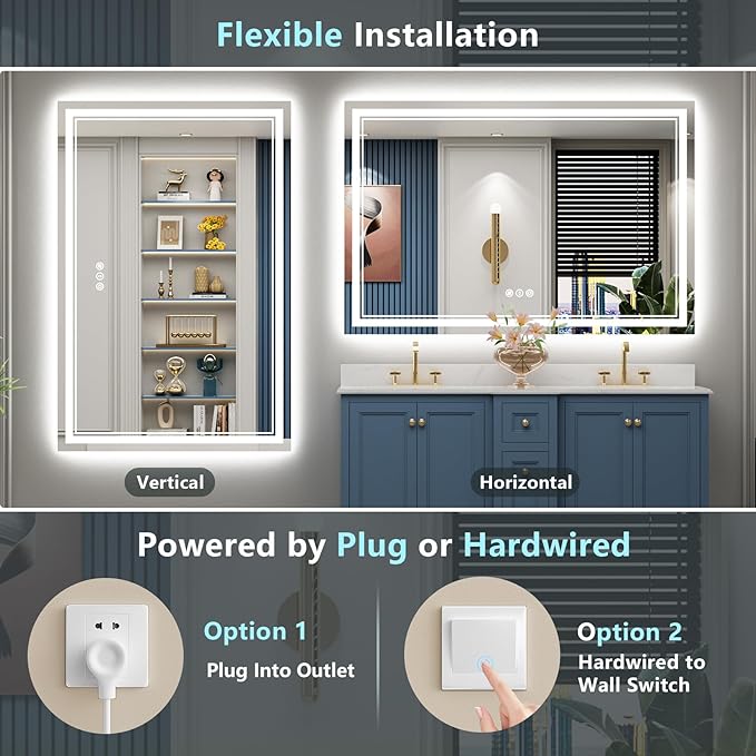60x30 LED Bathroom Mirror with Lights, Backlit & Front Lit, Anti-Fog Frameless Lighted Vanity Mirrors for Bathroom Wall, Dimmable, 3-Color Light, Memory, Shatter-Proof, Tempered Glass, CRI＞90