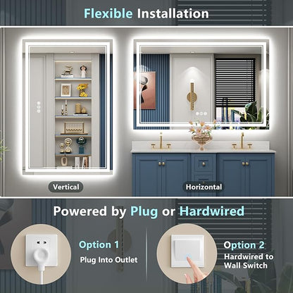 60x40 LED Bathroom Mirror with Lights, Backlit and Front Lit, Anti-Fog Lighted Vanity Mirrors for Bathroom Wall, Dimmable, 3-Color Light, Memory, Shatter-Proof, HD Tempered Glass, CRI＞90