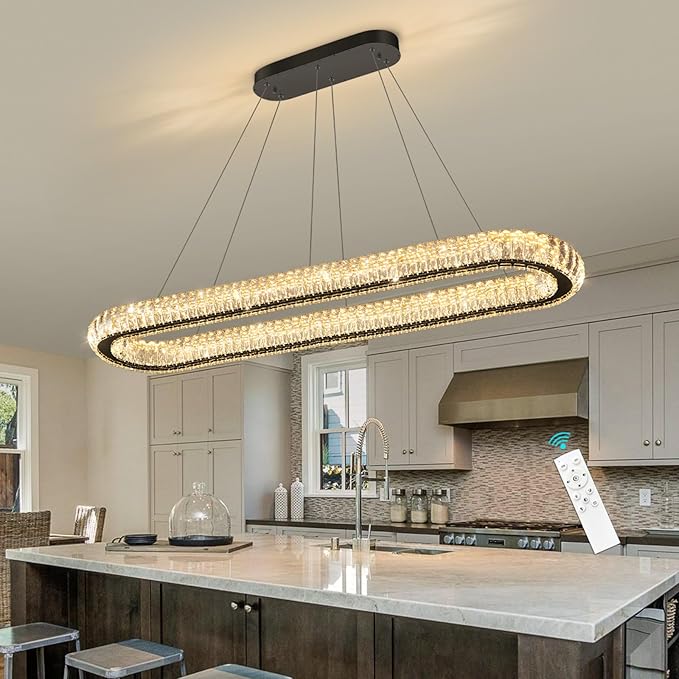 LED Oval Ring Chandelier Crystal Pendant Lighting for Dining Table Kitchen Island Remote Dimmable Hanging Light Chandeliers for Entryway Living Room Lights Black