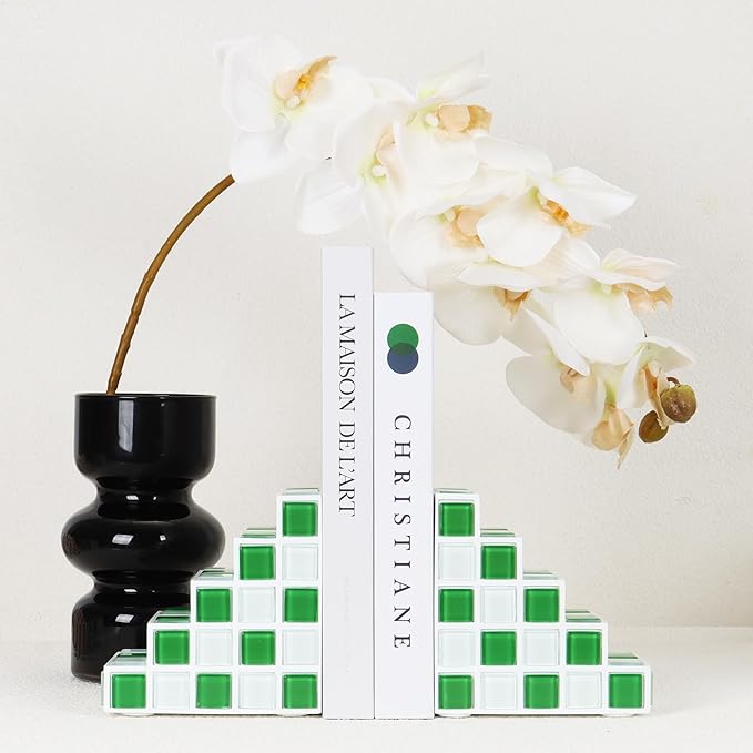Decorative Bookends for Shelves - Stair Book Ends for Heavy Books - Unique Book Stopper & Holder for Shelves - Modern Home Decor Aesthetic Bookshelf Decor (Green & White)
