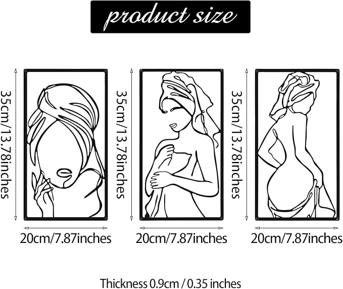 CHENGU 3 Pieces Metal Minimalist Abstract Woman Wall Art Line Drawing Wall Art Decor Single Line Female Home Hanging for Kitchen Bathroom Living Room