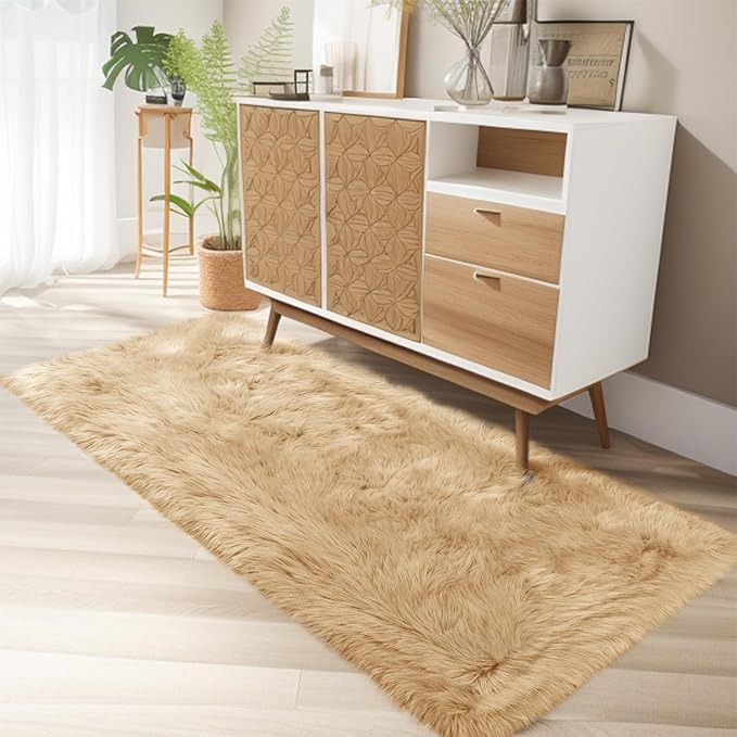 Ciicool Faux Fur Rug for Bedroom, Beige Fluffy Shag Rugs for Sofa Couch Seat Cushion, Washable Fuzzy Runner Thick Fur Area Rug Floor Carpets for Bedside Living Room, 2x6 Ft Rectangle