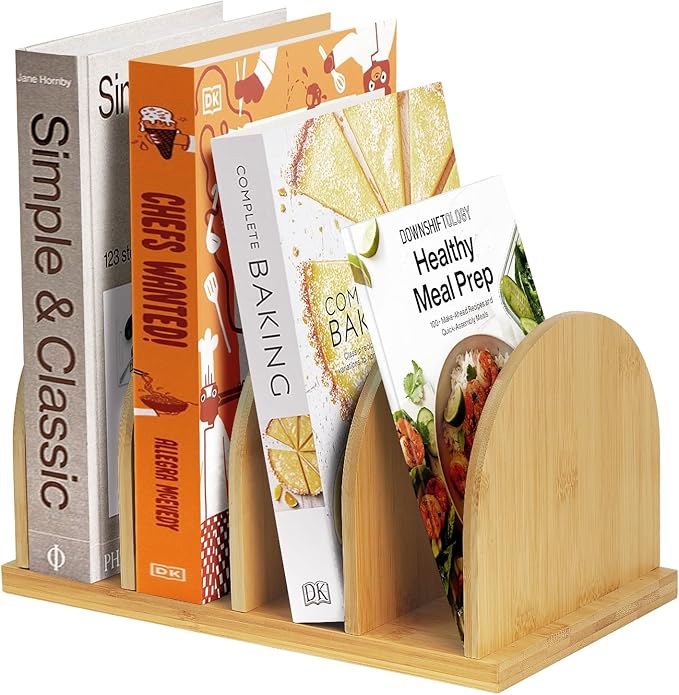 Bamboo Cook Book Organizer, Desktop Bookshelf, Convenient Book Stand, 4-Slot Recipe Holder, Table Cookbook Storage for Home & Kitchen