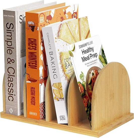 Bamboo Cook Book Organizer, Desktop Bookshelf, Convenient Book Stand, 4-Slot Recipe Holder, Table Cookbook Storage for Home & Kitchen