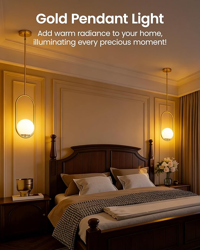Yunnix Pendant Lights Kitchen Island, Pendant Light Fixtures, Modern Gold Globe Glass Pendant Lighting, Brass Mid Century Chandelier One Light for Bathroom Bedroom Dining Room(Bulb Not Included)